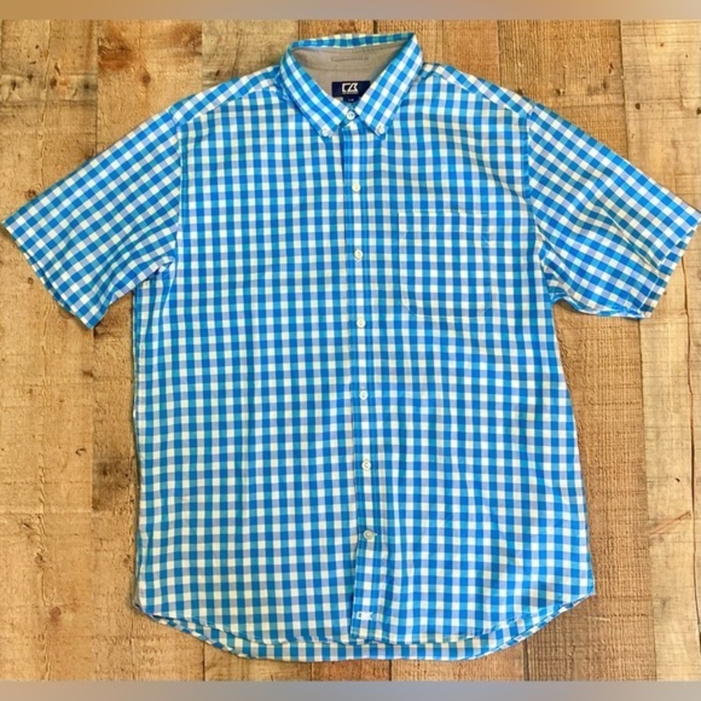 Cutter & Buck Mens Blue Gingham Short Sleeve‎ Button Down Shirt Large MCW09531